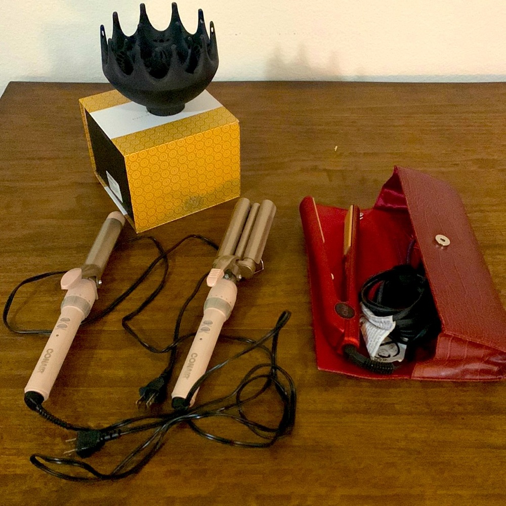Conair 1” curling iron and wave tool, Chi straightener, and diffuser.